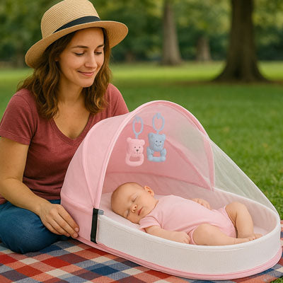 maman parc avec bebe dans lit bebe de voyage