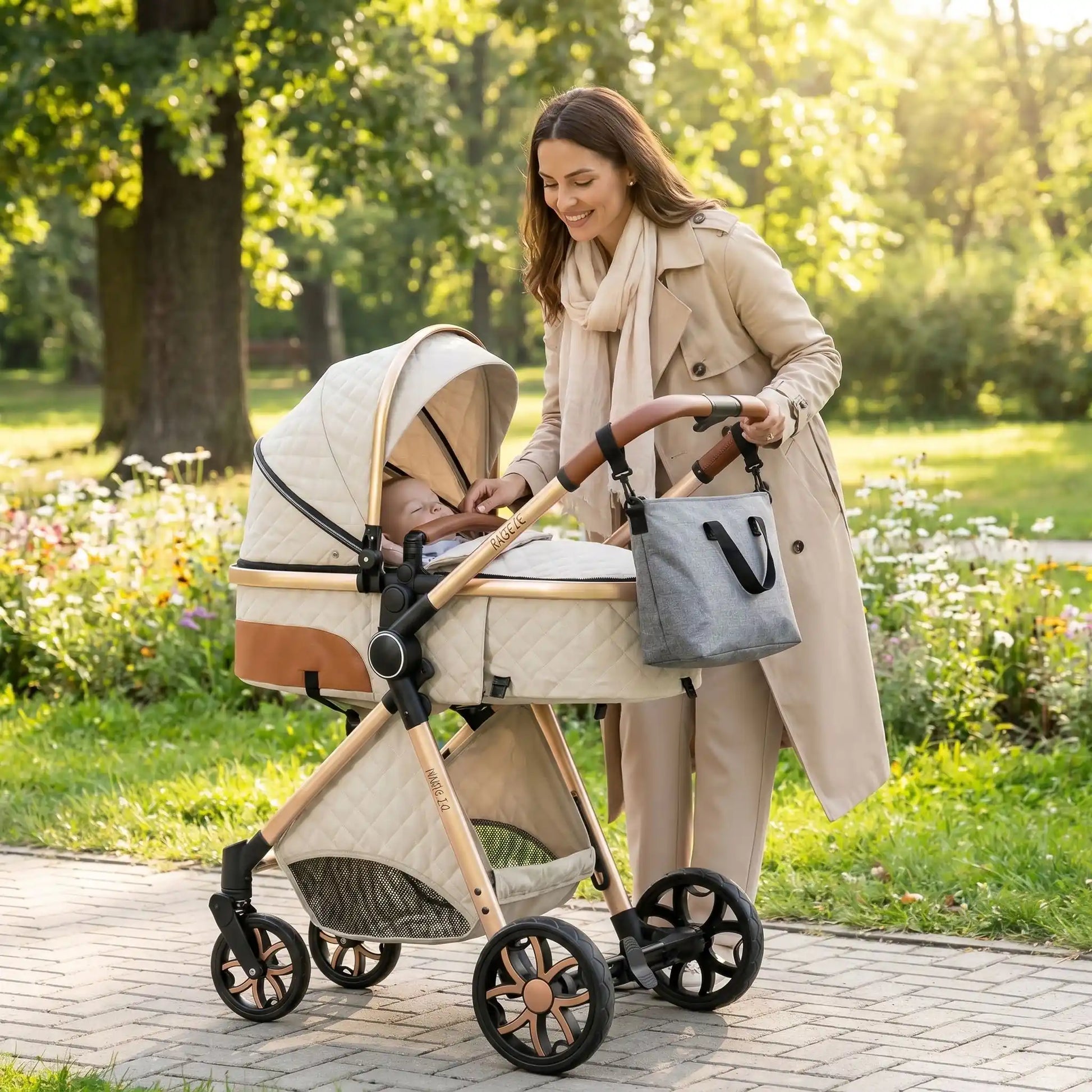 maman parc avec bebe dans poussette 4 en 1