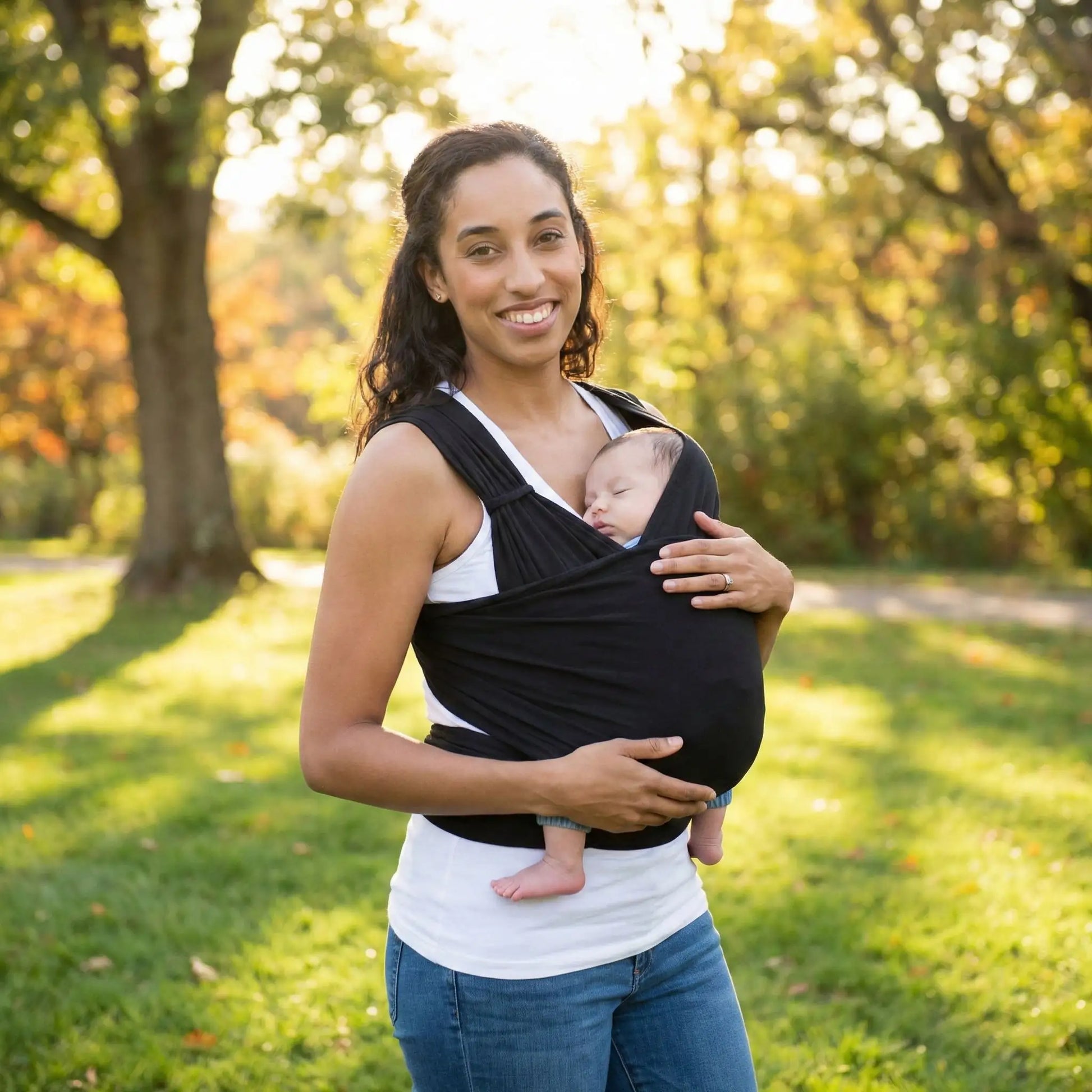 maman parc avec bebe dans tee shirt porte bebe