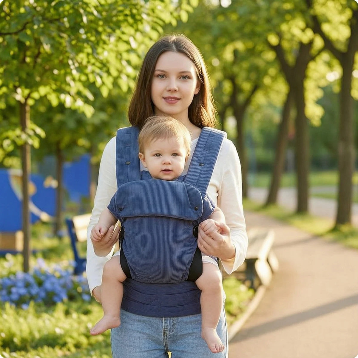maman parc avec bebe porte bebe de face