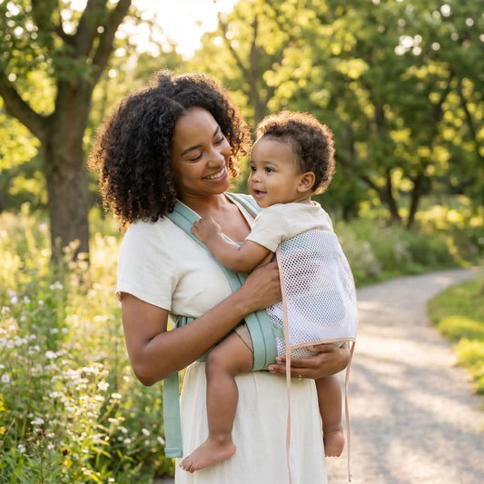 maman parc avec bébé porte bébé ergonomique