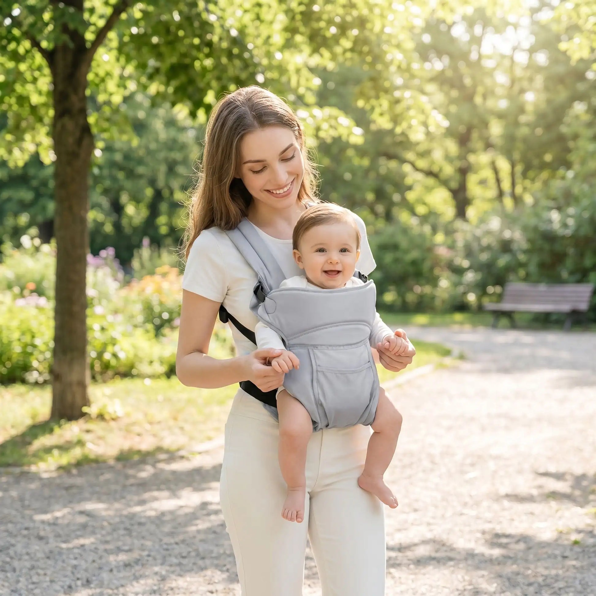 maman parc avec bebe porte bebe mei tai