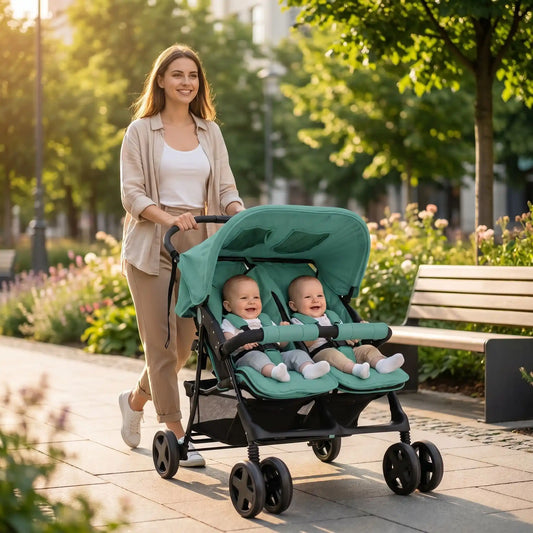 maman parc avec bebe poussette pour les jumeaux vert
