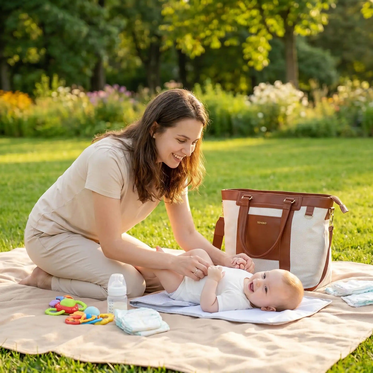 maman parc avec bebe sac a langer luxe marron