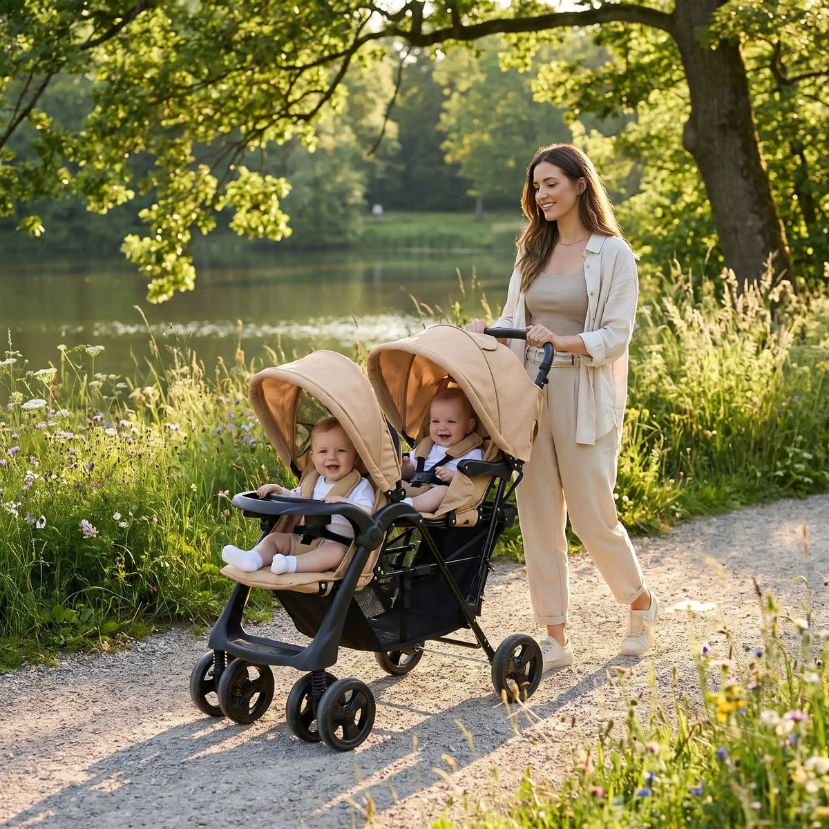 maman parc avec bebes poussette des jumeaux beige