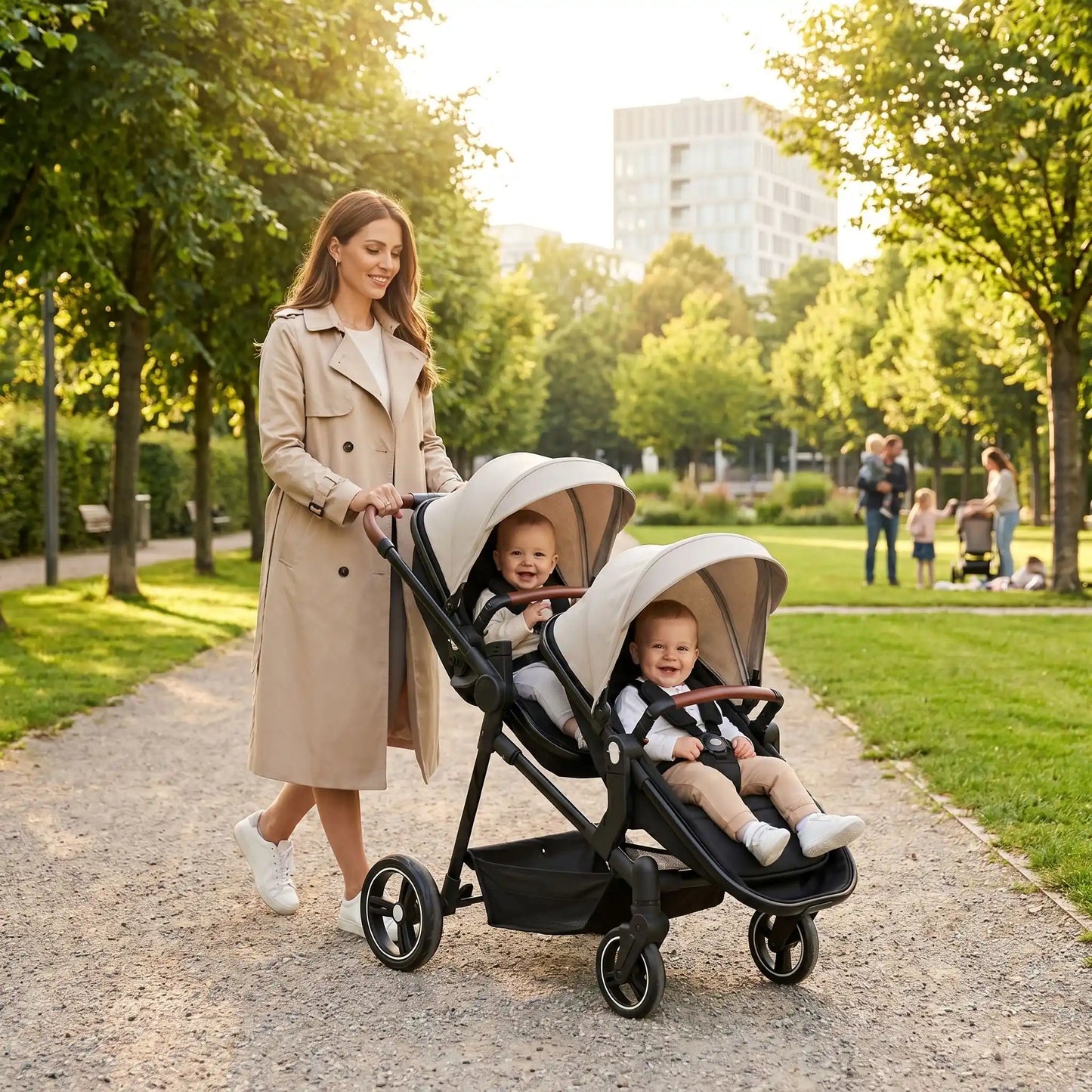 maman parc avec bebes poussette des jumeaux
