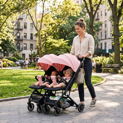 maman quartier avec bebes poussette-jumeaux rose