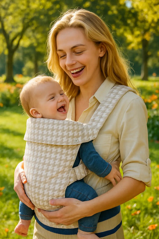 maman rit au parc avec bebe dans porte bebe