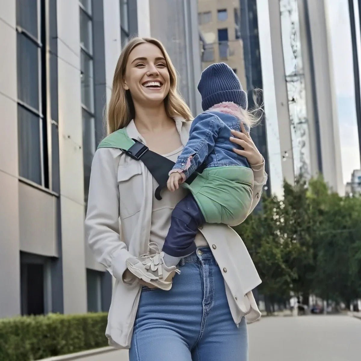 maman rit avec bebe porte bebe banane