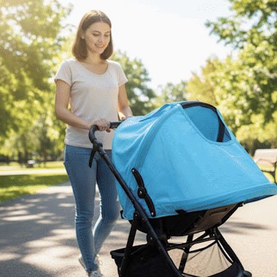 maman roule poussette avec par soleil pour poussette