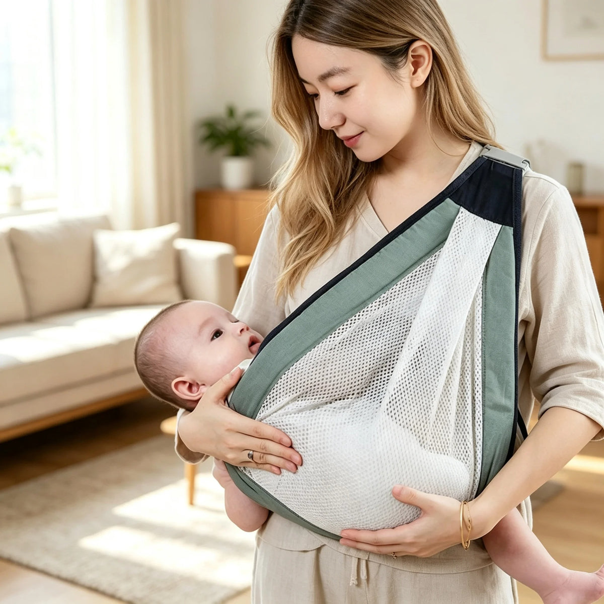 maman salon avec bebe echarpe portage