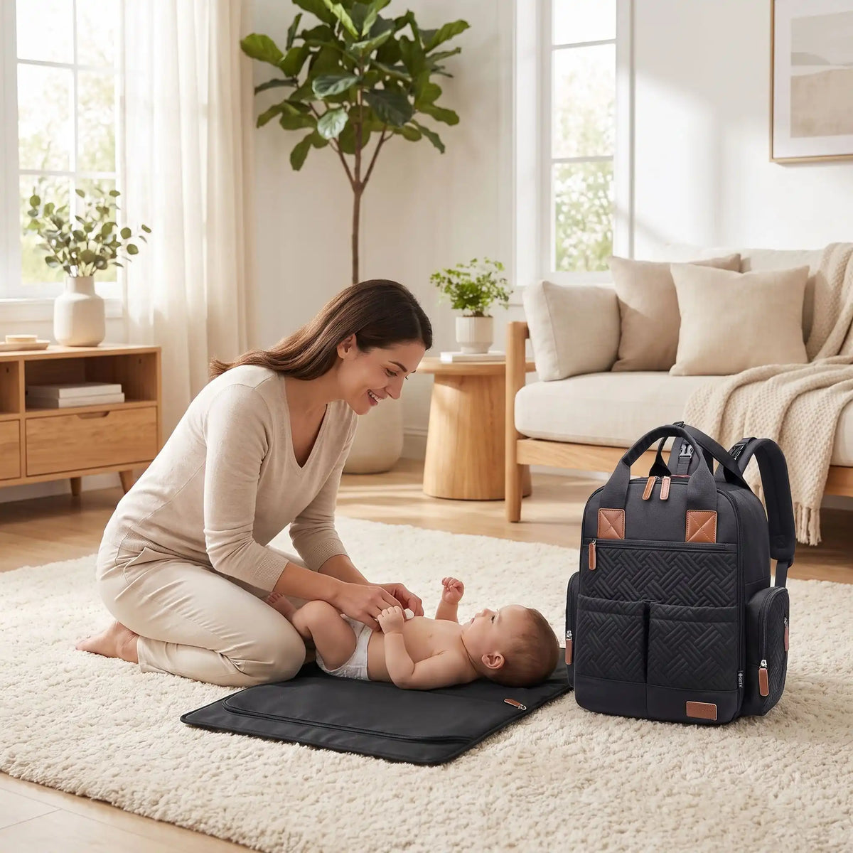 maman salon avec bebe sac a langer avec tapis de change