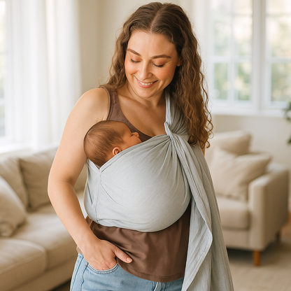 maman salon avec echarpe portage sling gris
