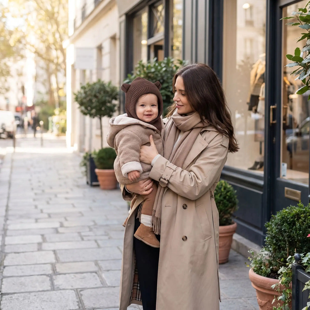 maman ville avec bébé cagoule bebe