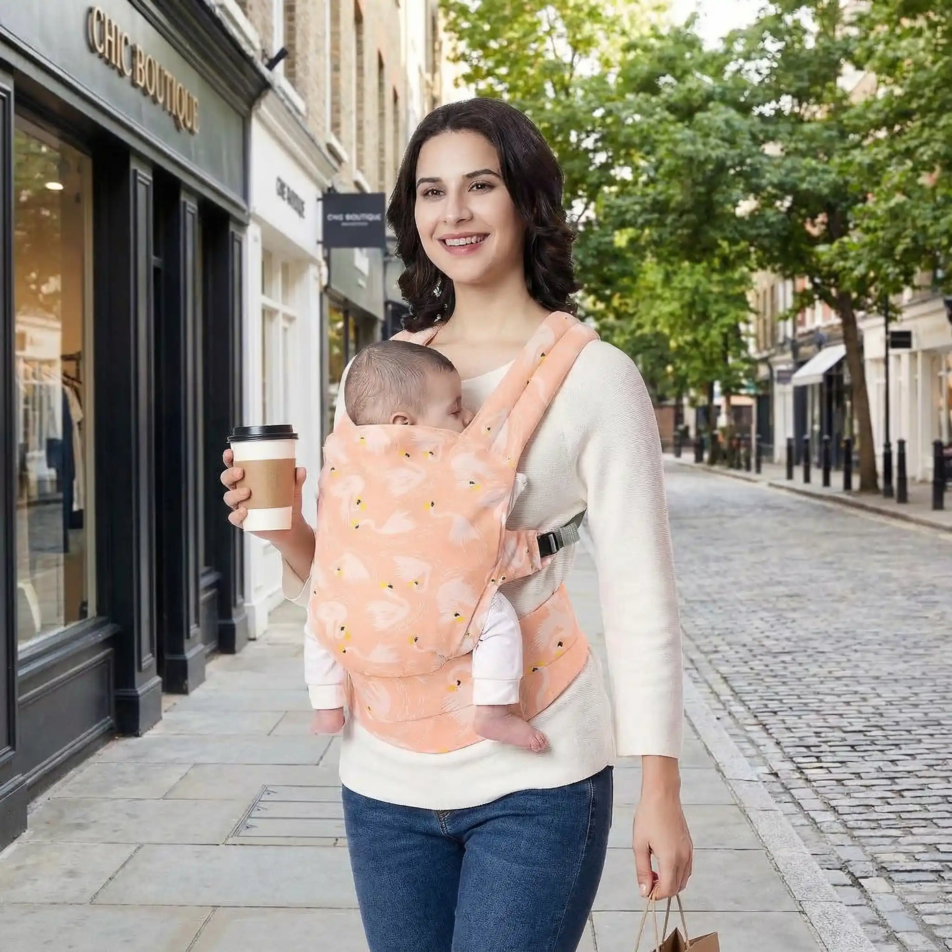 maman ville avec bebe dans porte bebe physio