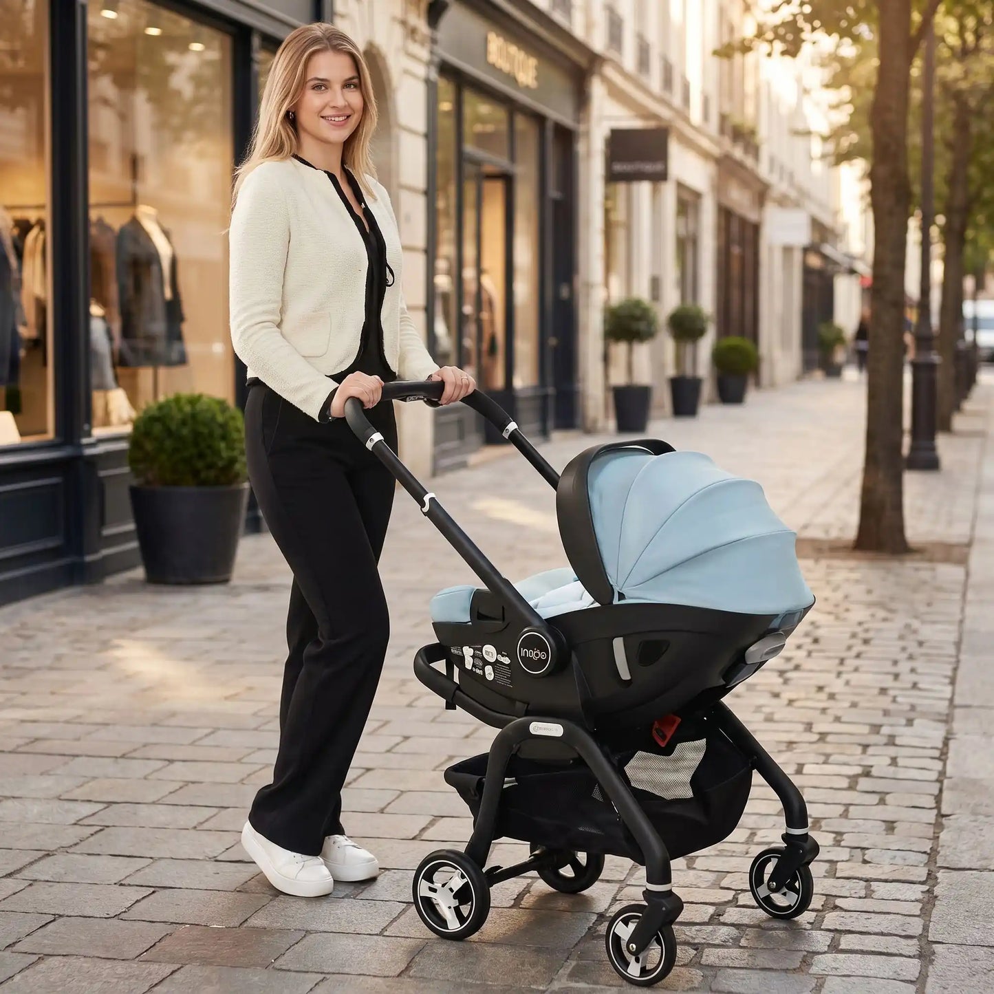 maman ville avec bebe dans poussette 3 en 1