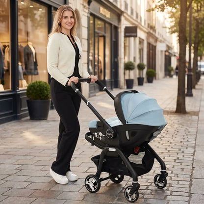 maman ville avec bebe dans poussette 3 en 1