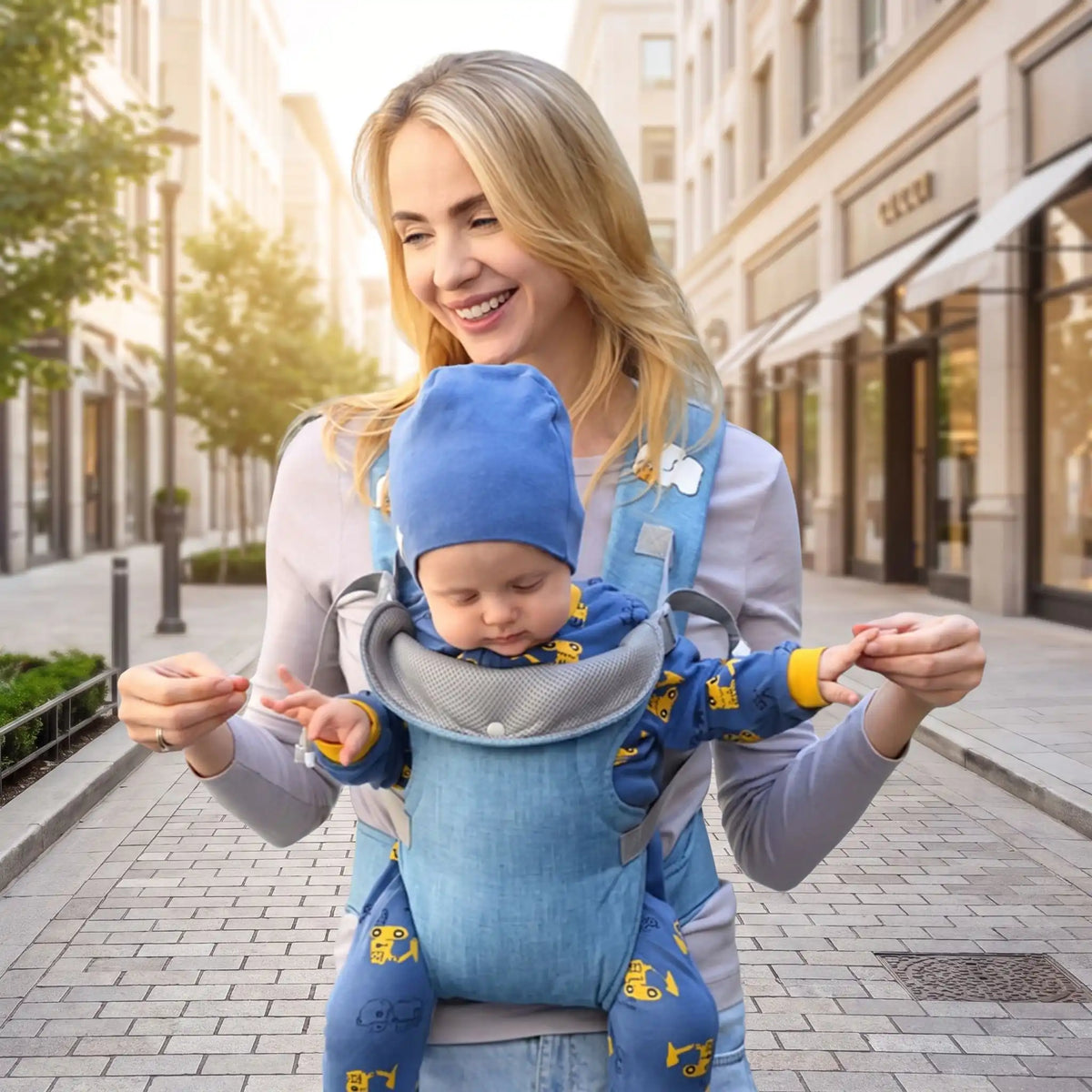 maman ville avec bebe porte bebe 8 mois