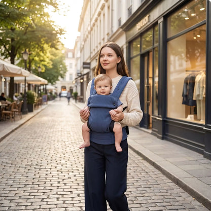 maman ville avec bebe porte bebe de face