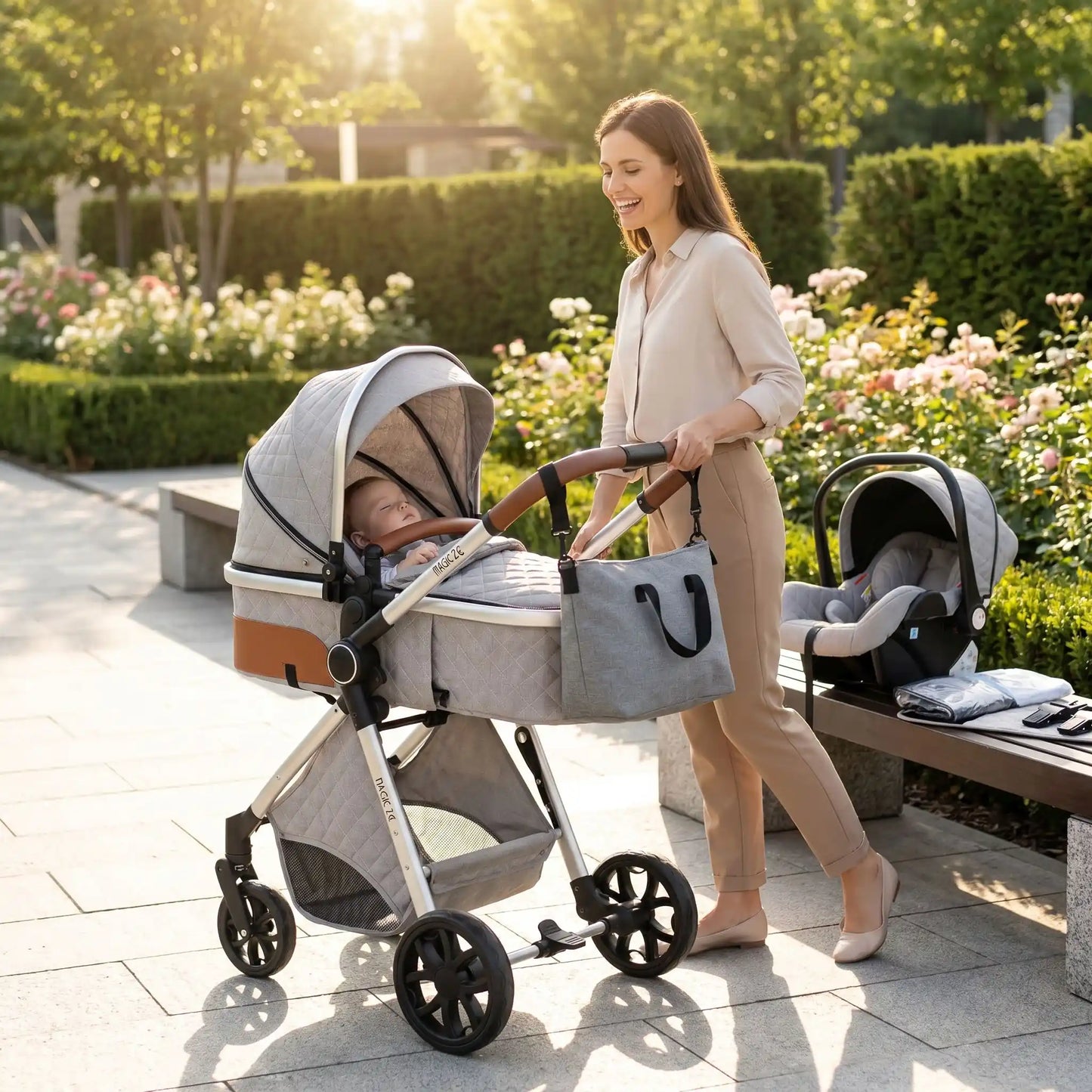 maman ville avec bebe dans poussette 4 en 1