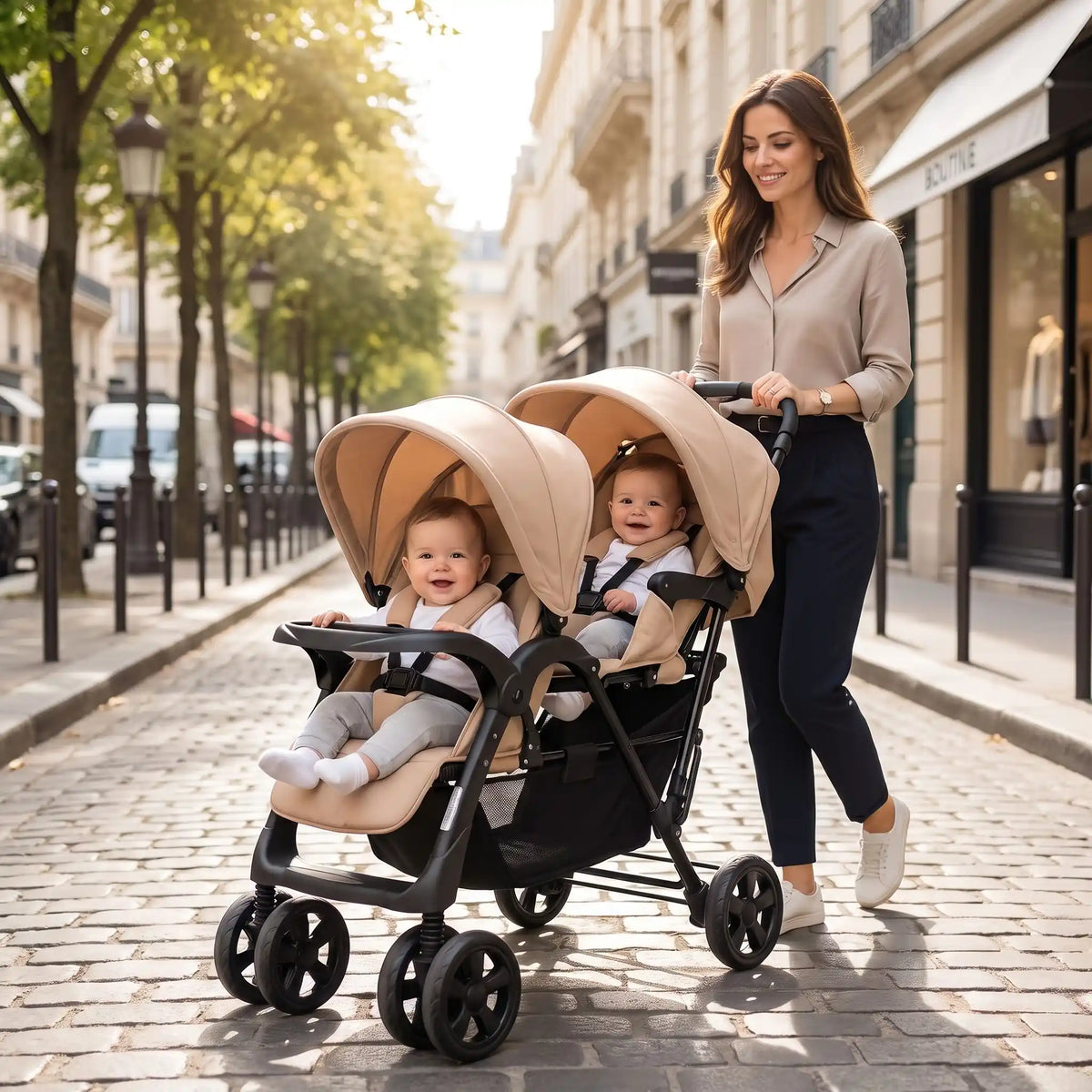 maman ville avec bebes poussette des jumeaux