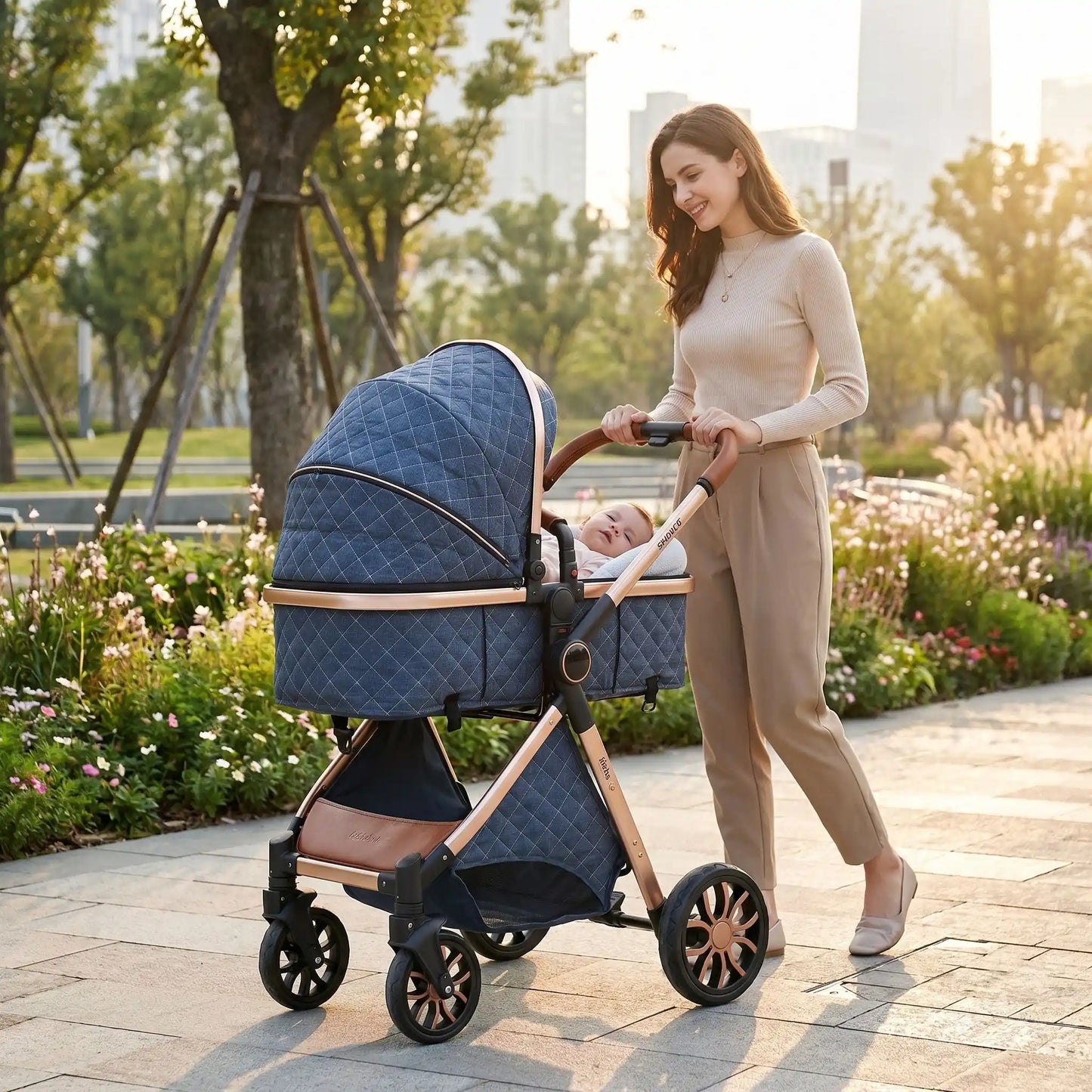 maman avec bebe dans poussette 4 en 1 isofix bleu
