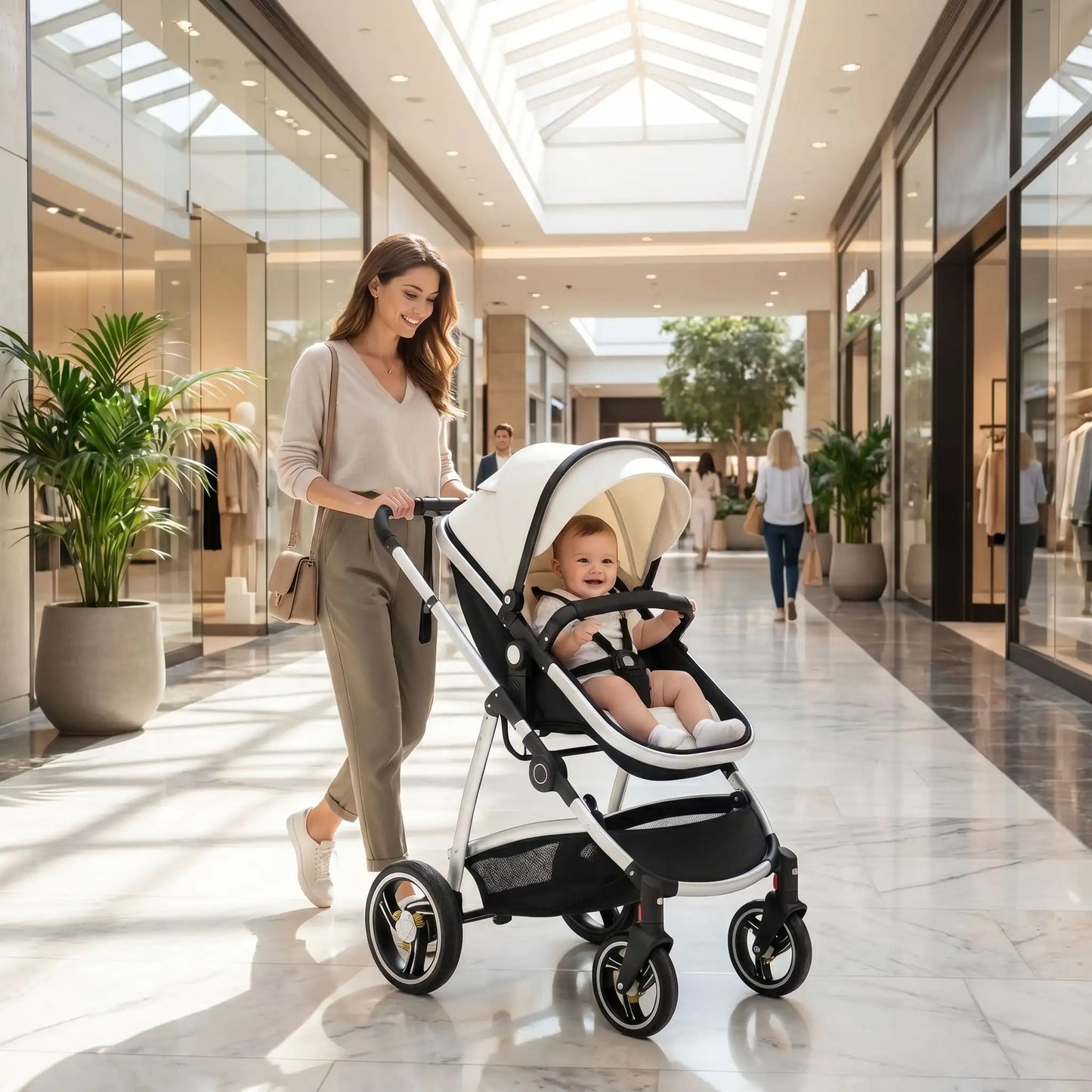maman centre commercial avec bebe poussette 3 en 1 noir 