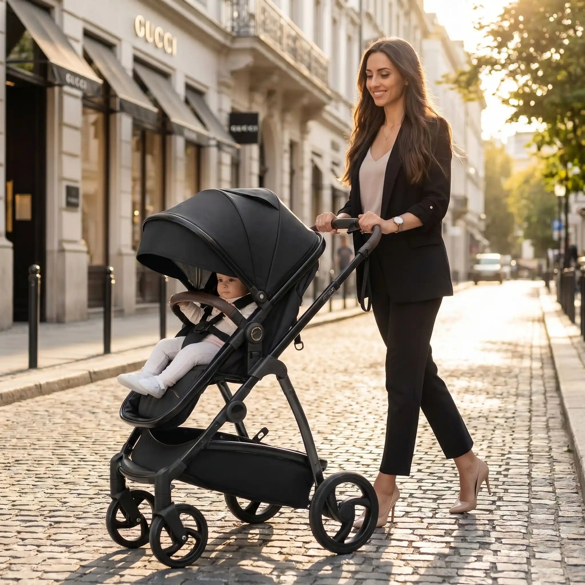maman ville avec bebe poussette 3 en 1 