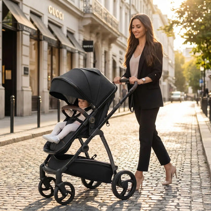 maman ville avec bebe poussette 3 en 1 