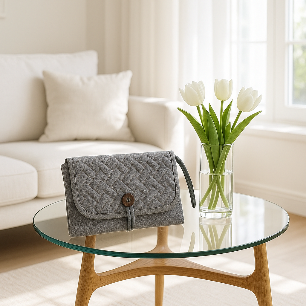 matelas a langer nomade gris sur table