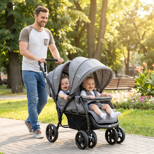 papa au parc avec bebes dans poussette pour des jumeaux