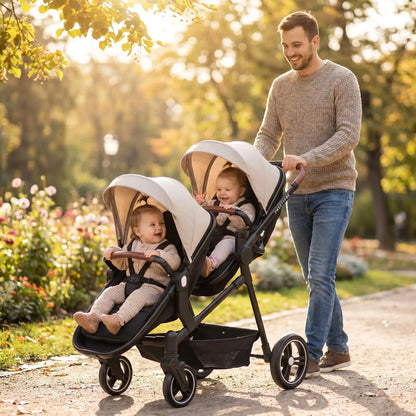 papa avec bebe Poussette des jumeaux