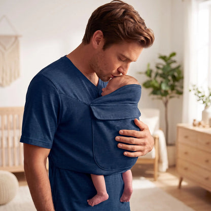 papa avec bebe salon avec tee shirt porte bebe