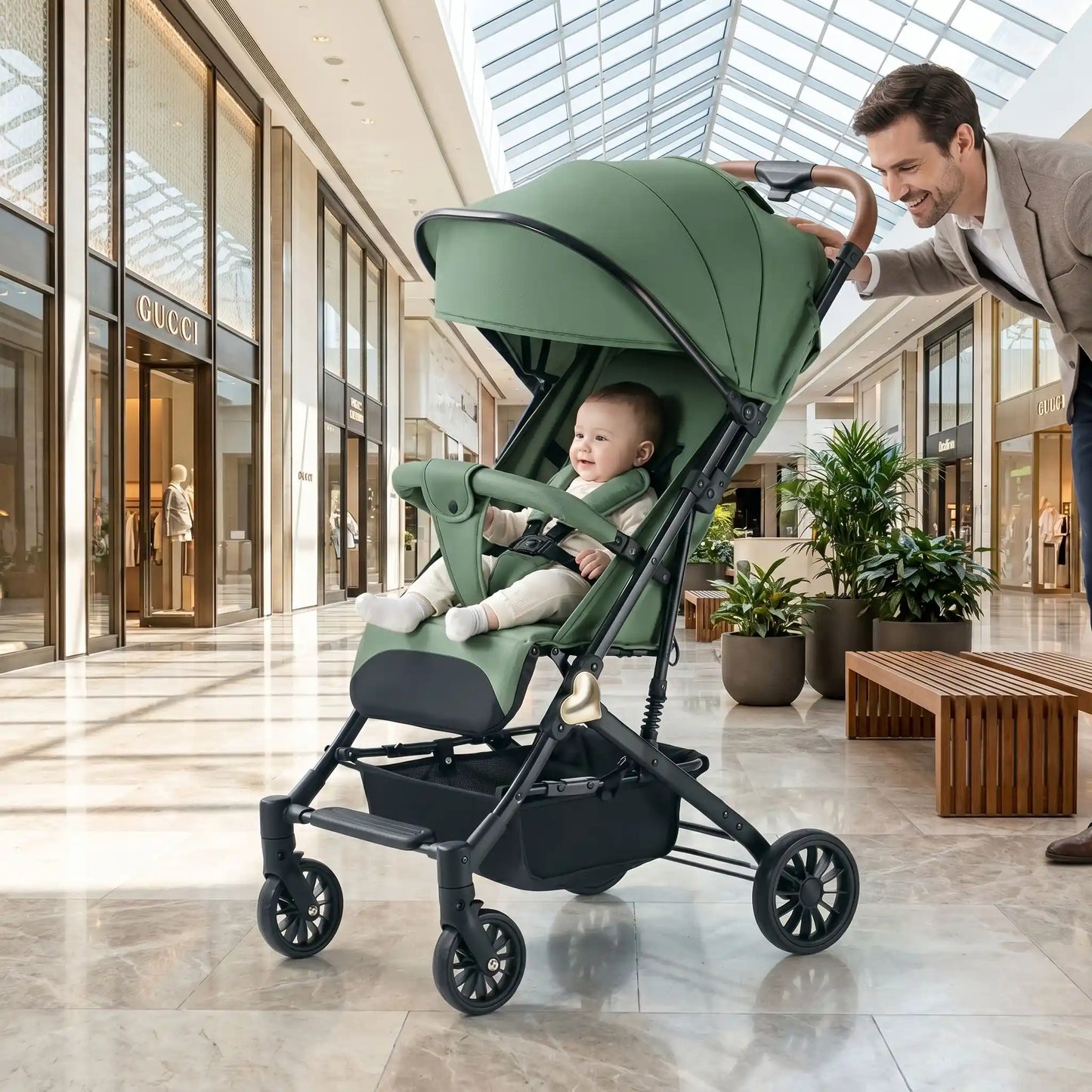 papa centre commercial avec bebe poussette bebe confort