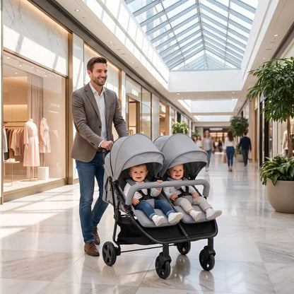 papa centre commercial avec bebe poussette des jumeaux