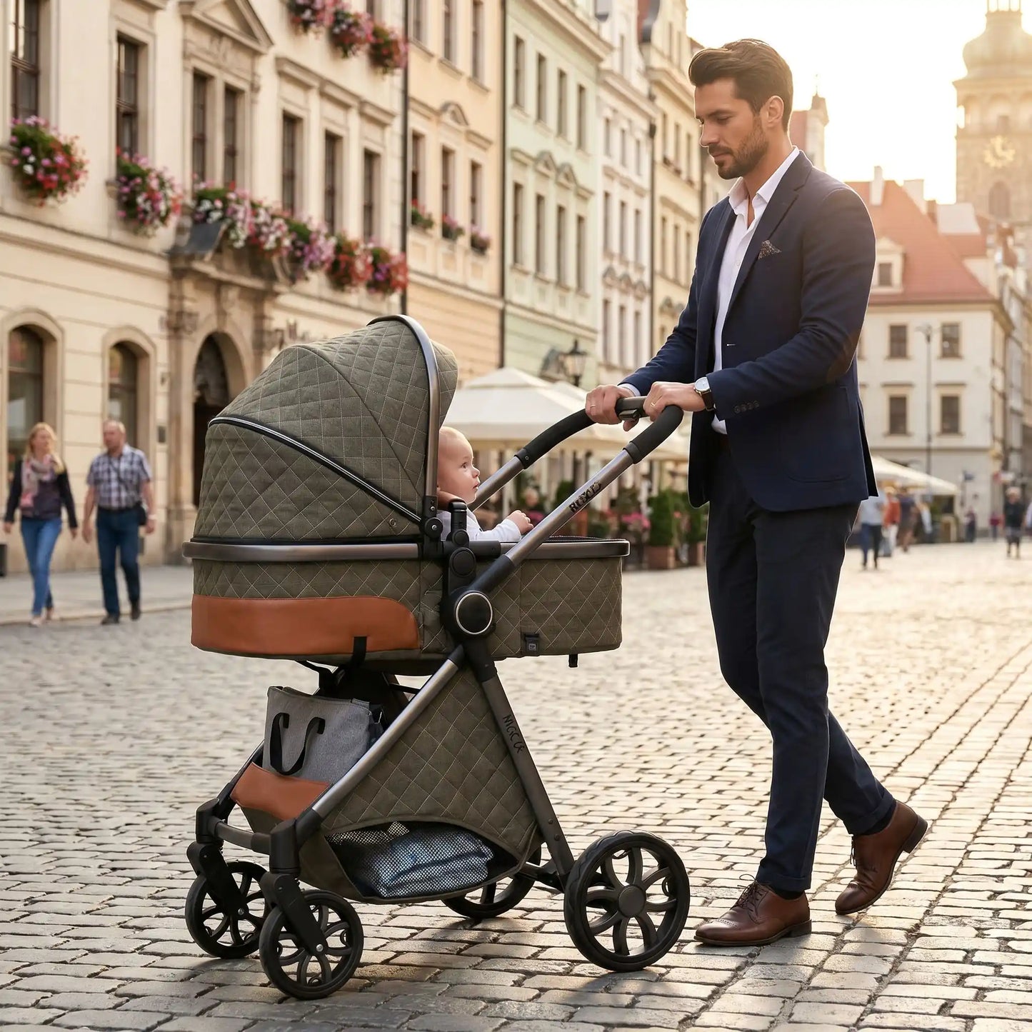 papa centre ville avec bebe dans poussette 4 en 1