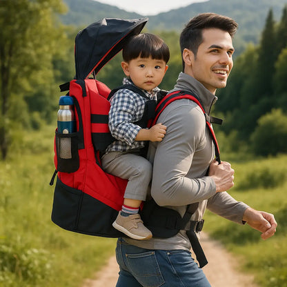papa en randonnee avec enfant dans porte bebe rando