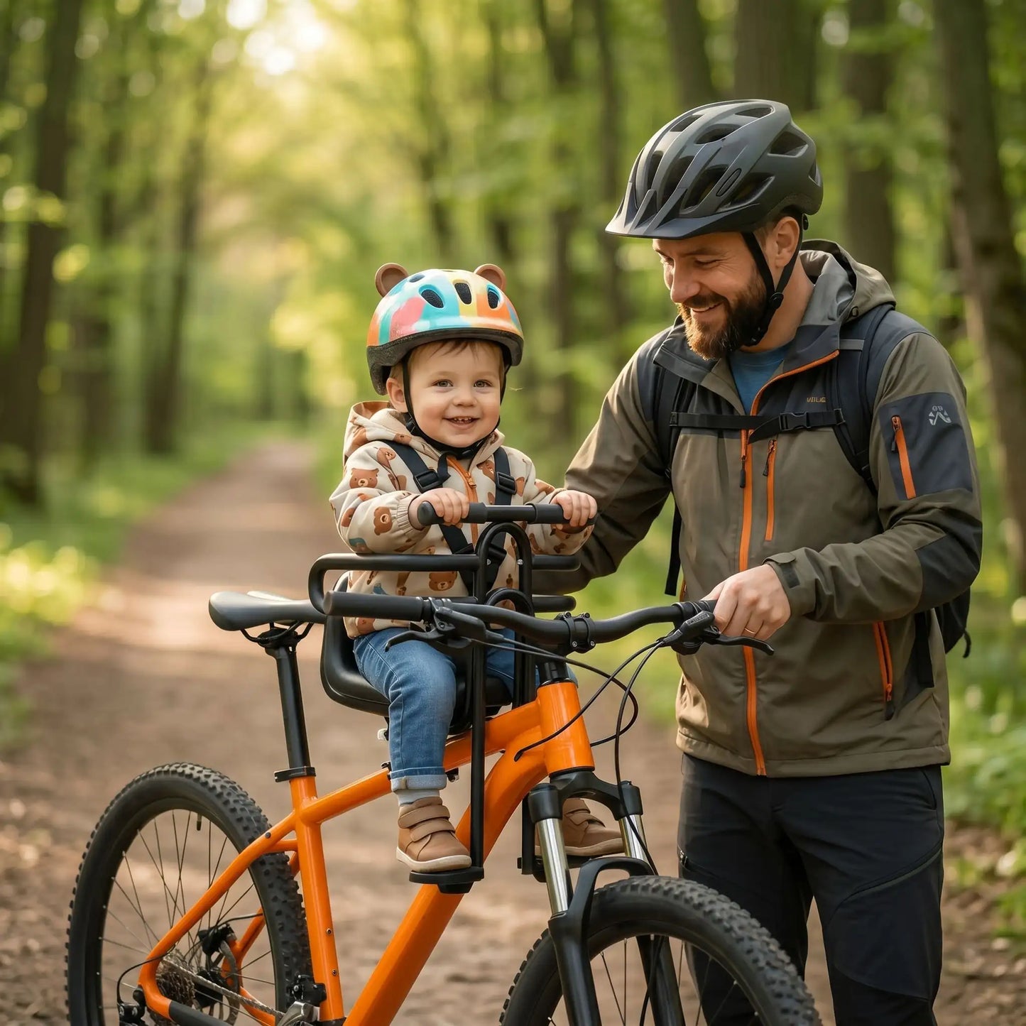 papa forêt avec bebe porte bebe velo devant