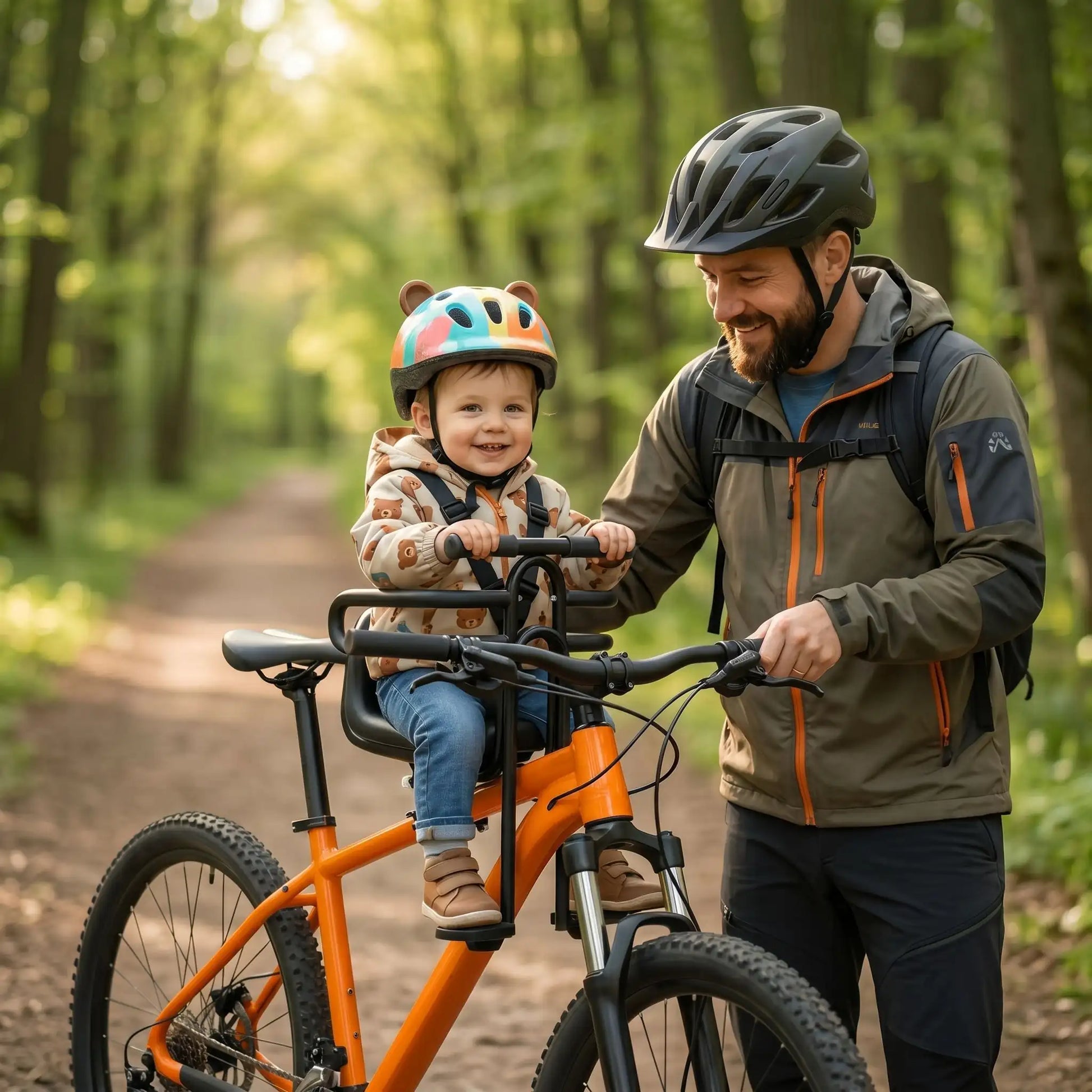 papa forêt avec bebe porte bebe velo devant
