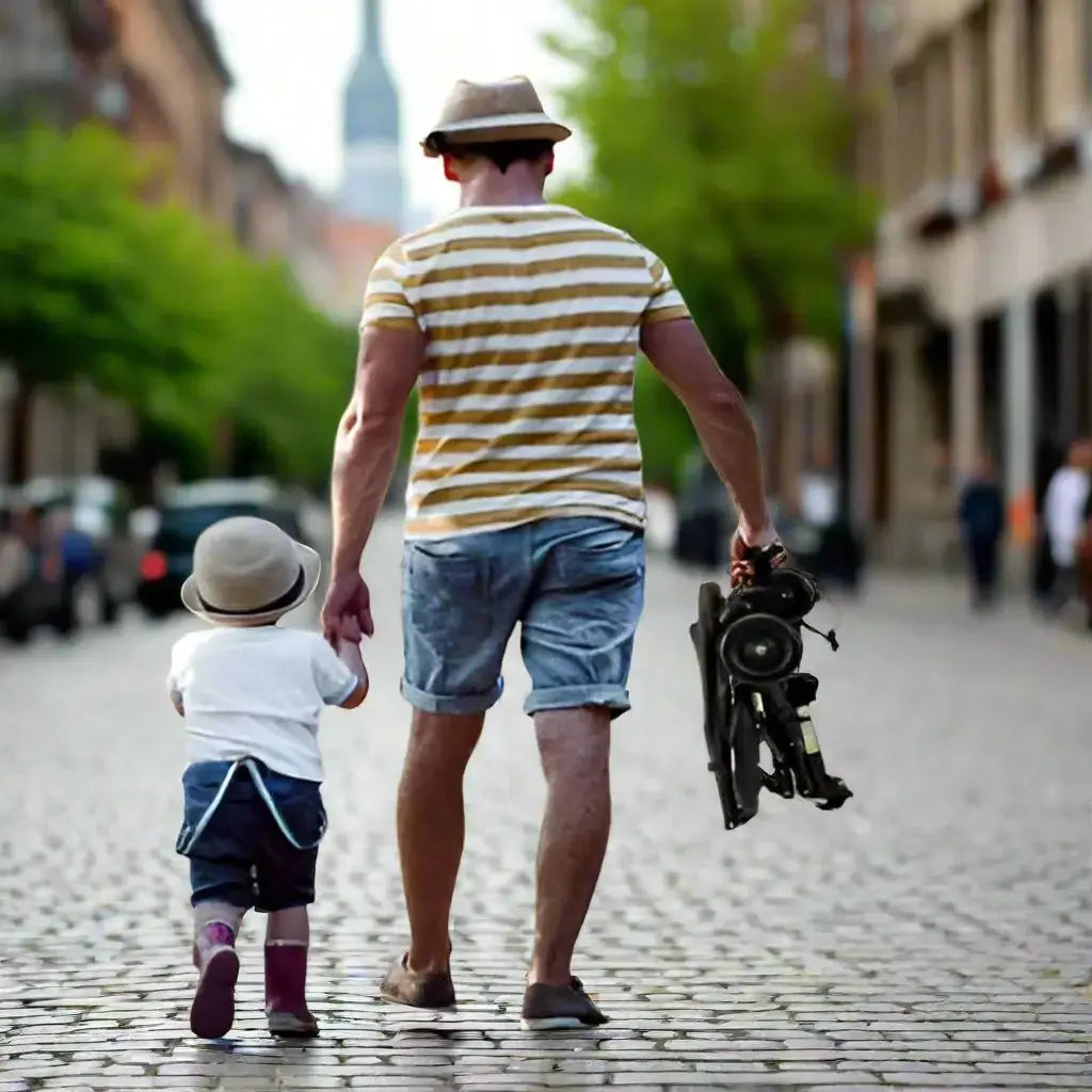 papa marche avec son fils dans rue avec poussette main