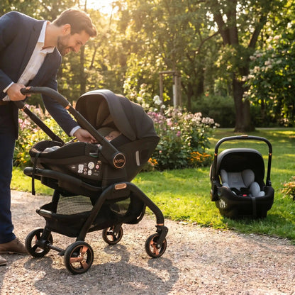 papa parc avec bebe poussette 3 en 1