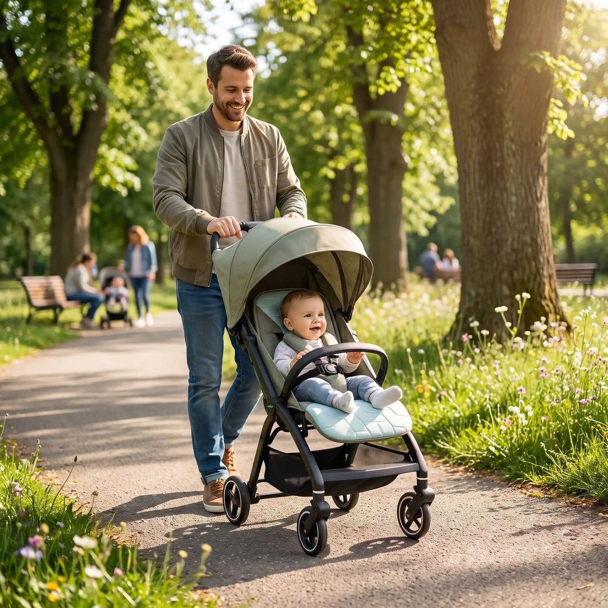 papa parc avec bebe poussette nouveau ne compacte