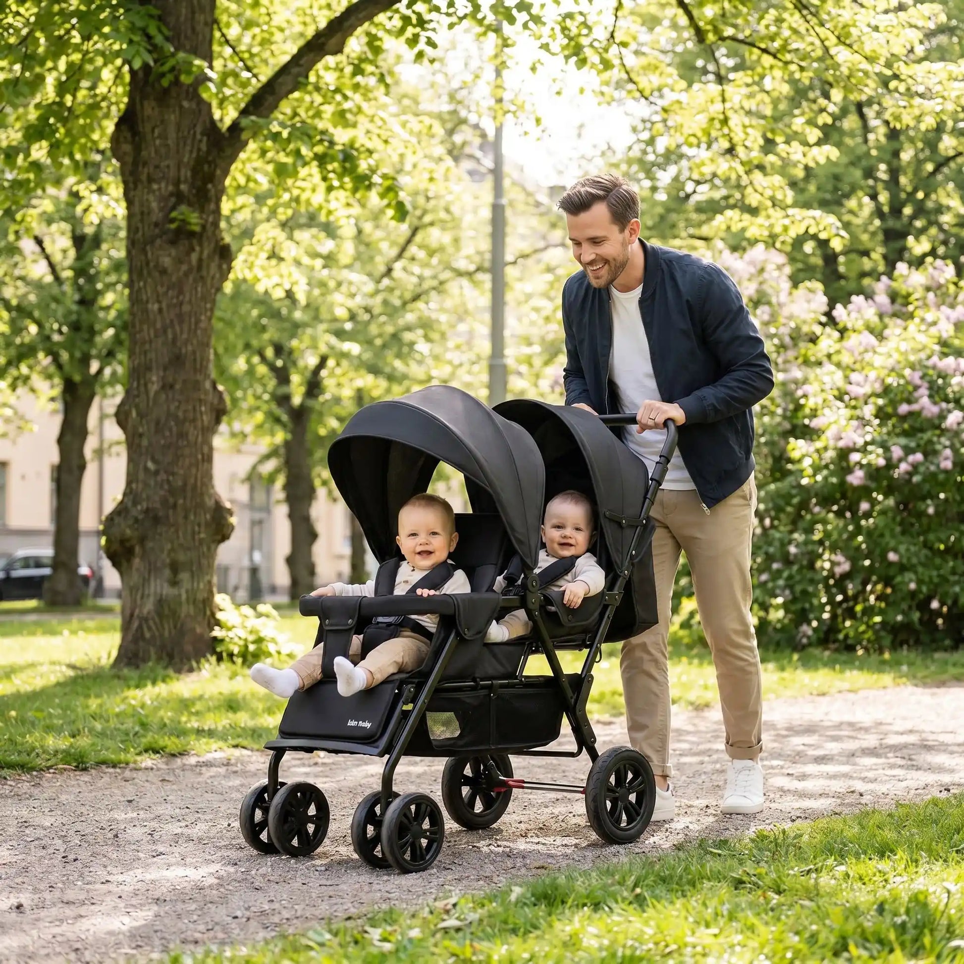 papa parc avec bebe poussette pour des jumeaux
