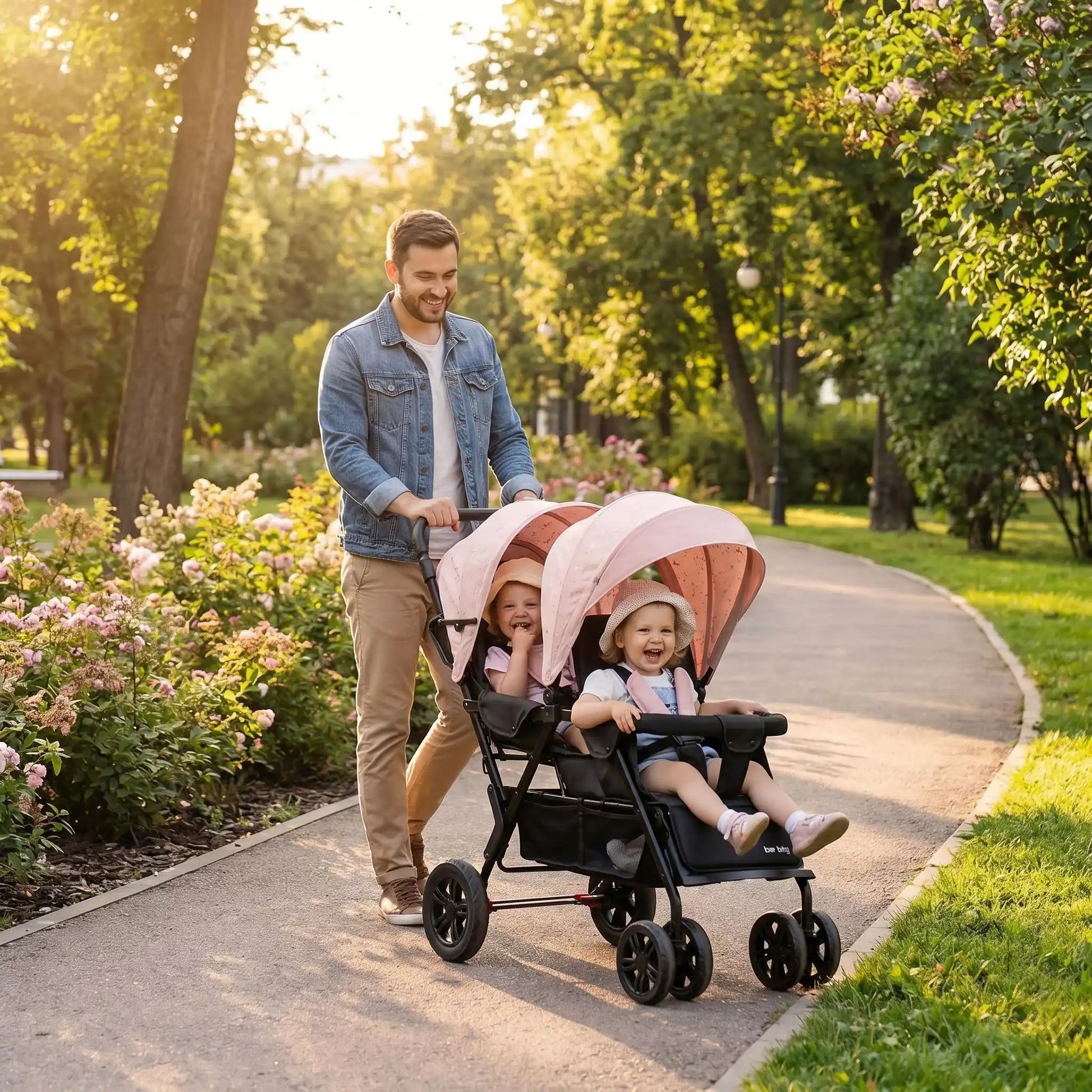 papa parc avec filles poussette pour des jumeaux