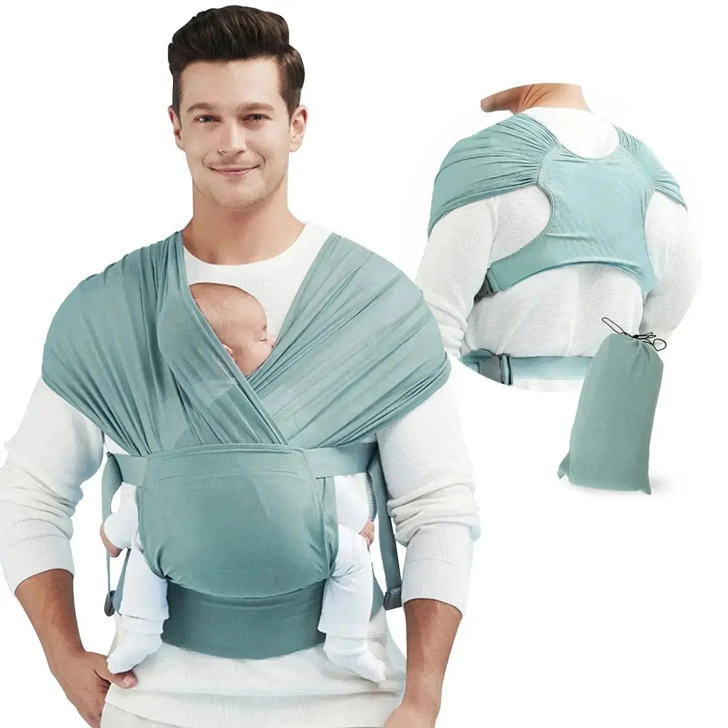 papa souleve bebe avec portage echarpe vert