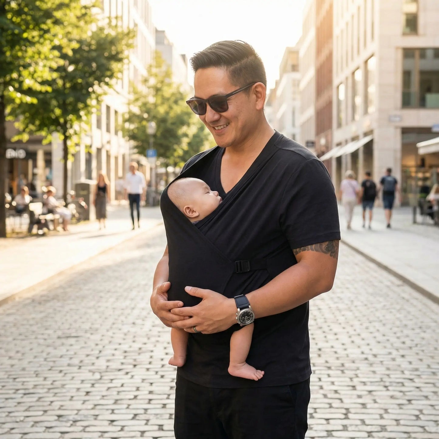 papa ville avec bebe dans tee shirt porte bebe