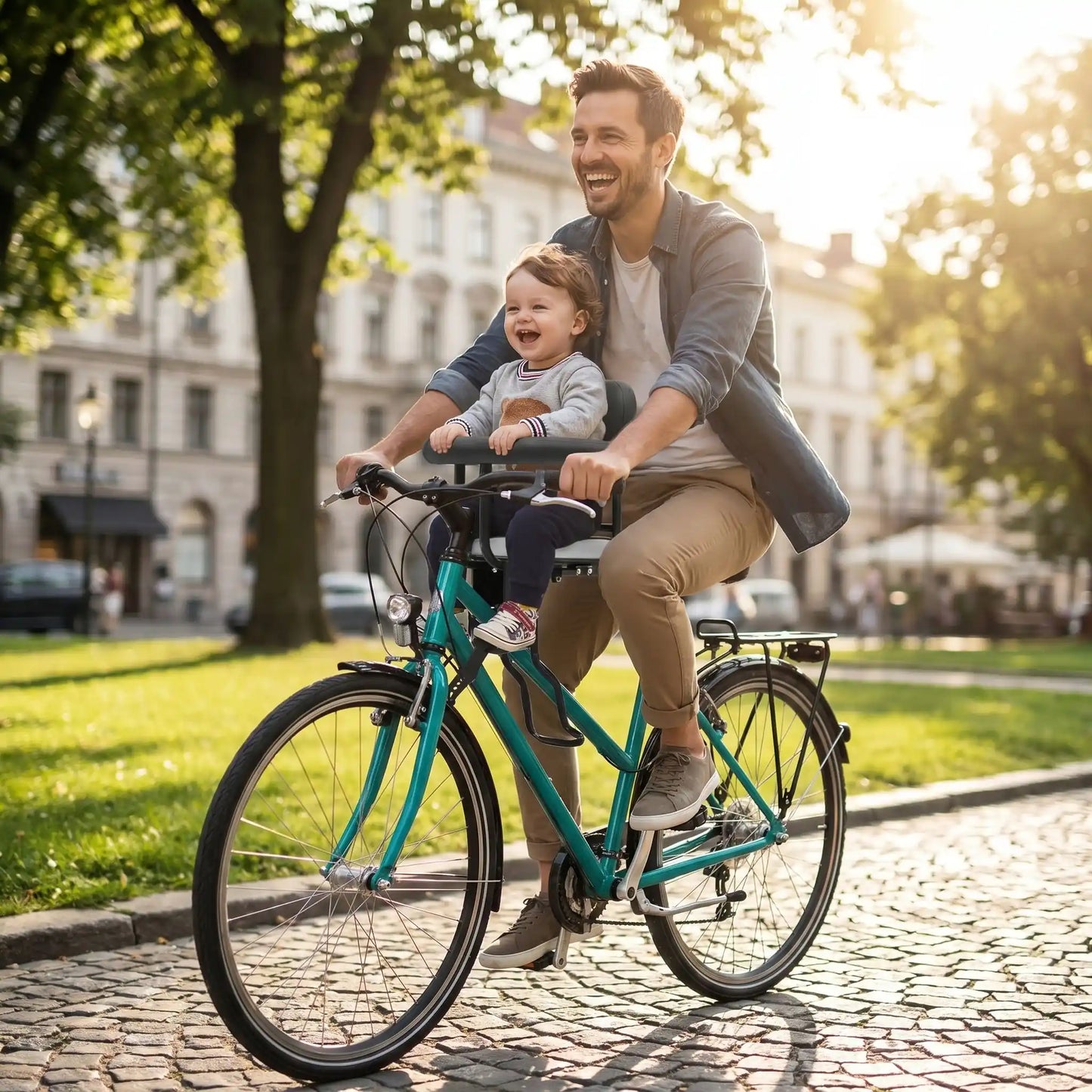 papa ville avec bebe porte bebe velo