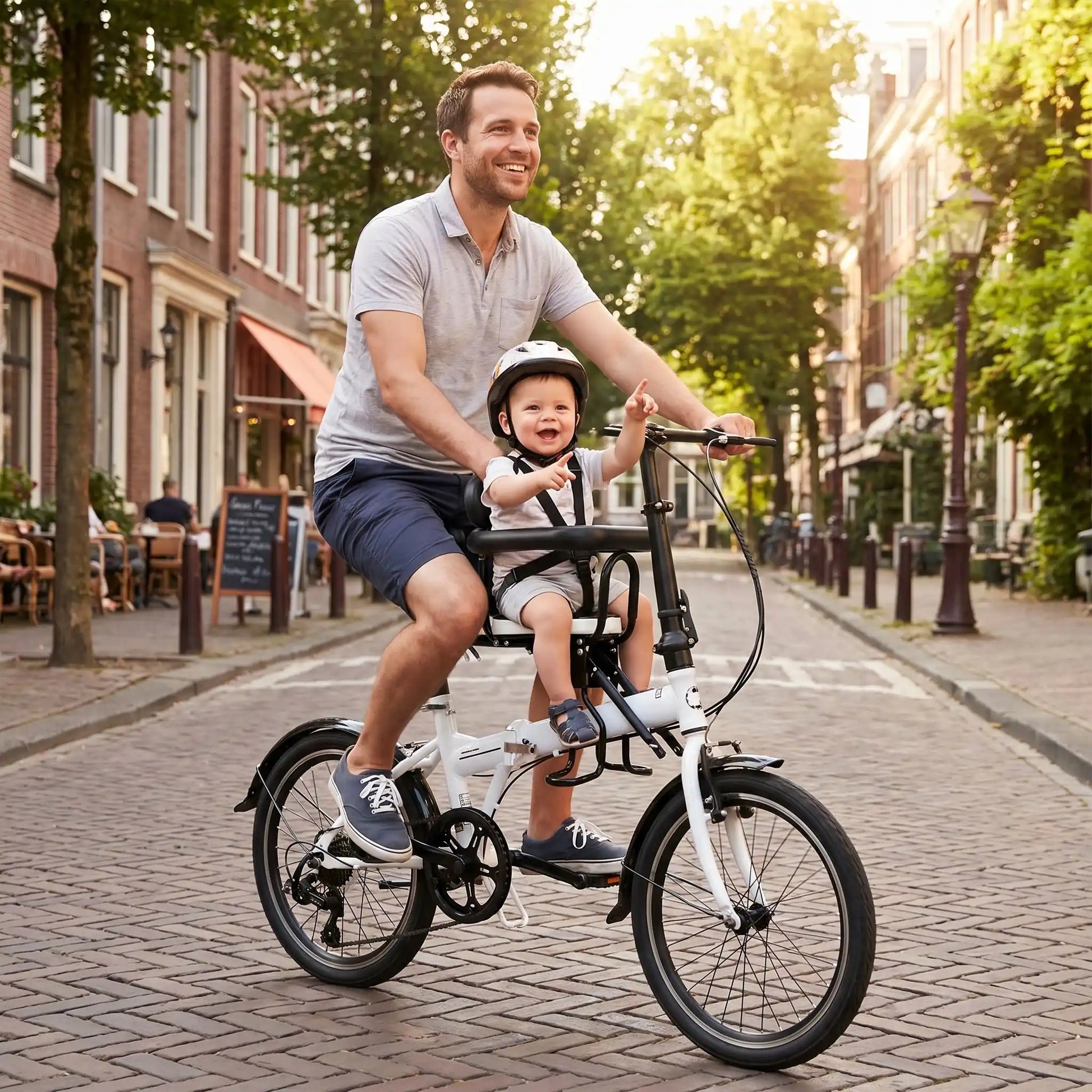 papa ville avec bebe porte velo bebe