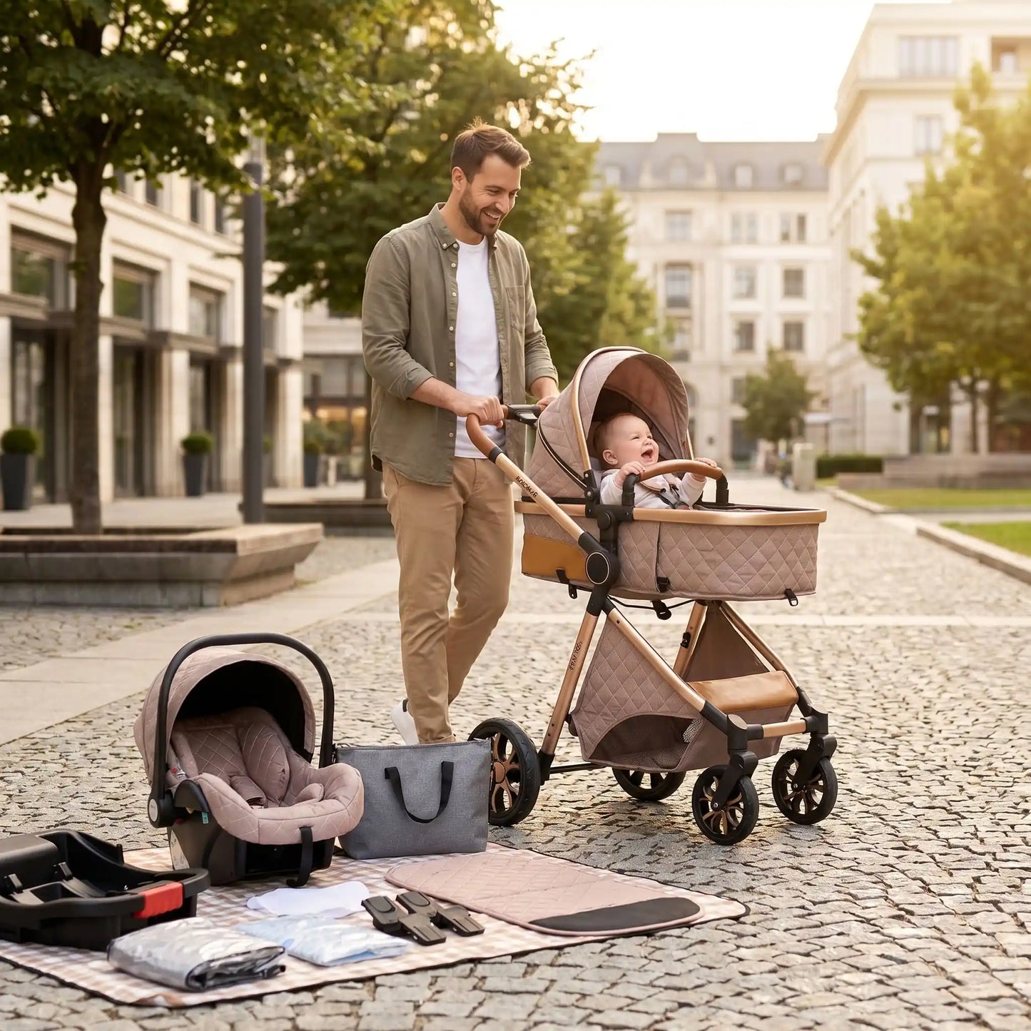 papa ville avec bebe poussette 4 en 1 isofix