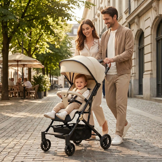 parents avec bebe dans poussette bebe confort